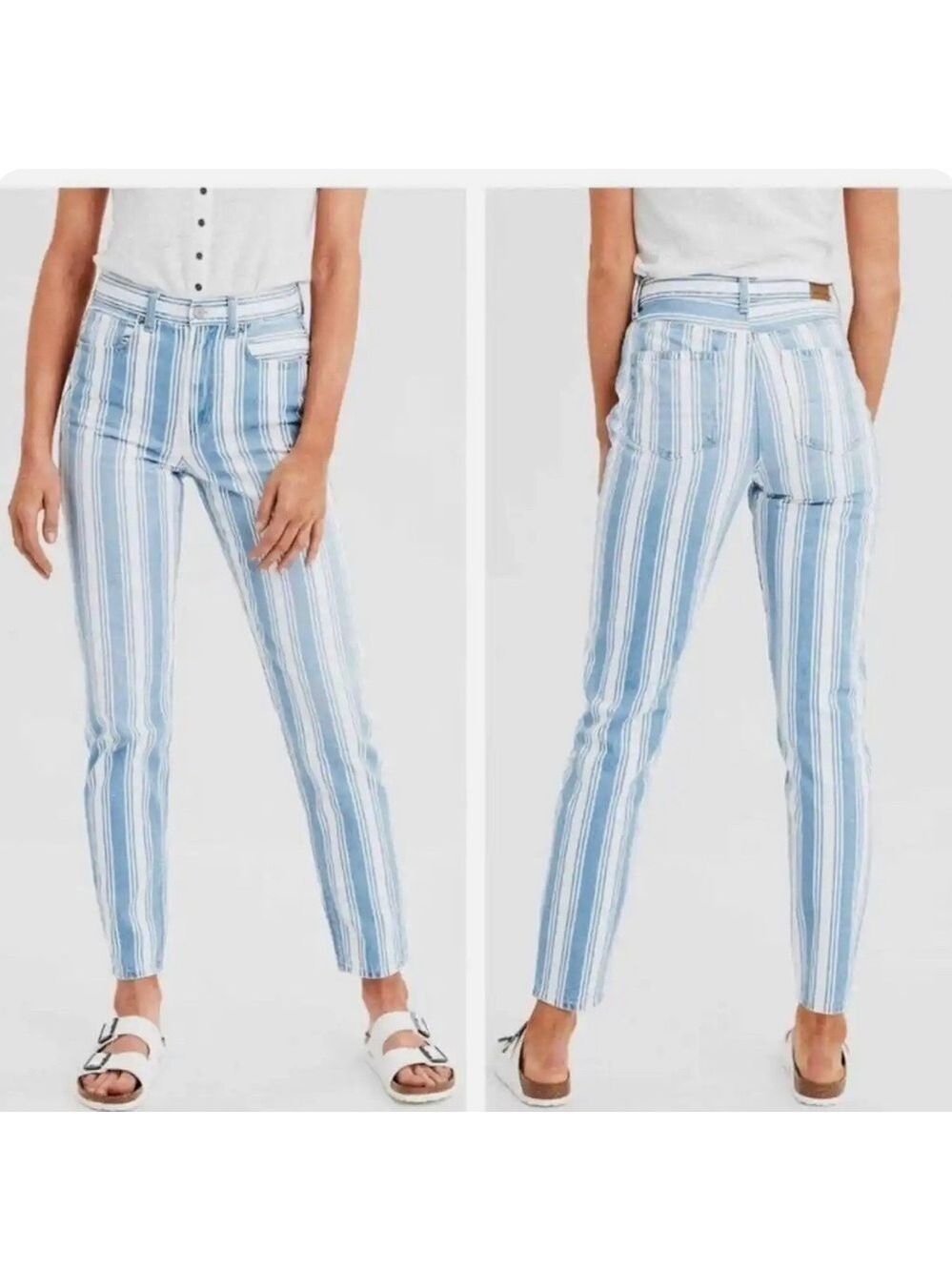 NWT American Eagle Blue and White Striped Mom Jeans Size 8